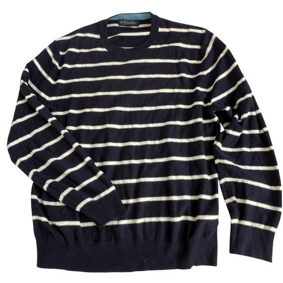 Brooks Brothers Sweater Cotton Cashmere Crewneck Size M Blue Cream Striped - Picture 1 of 6